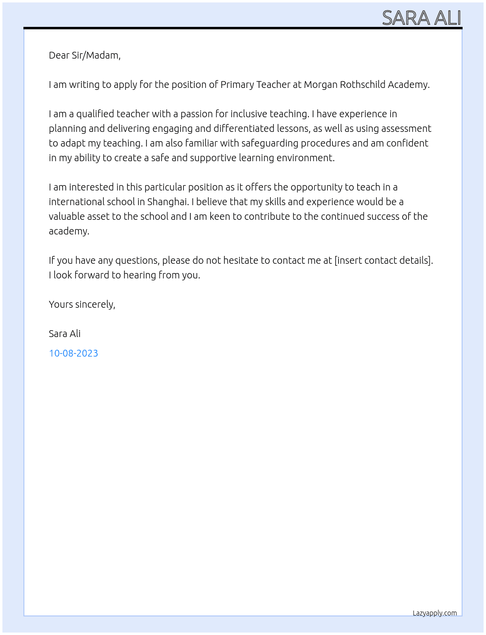 Primary Teacher At Morgan Rothschild Academy Cover Letter