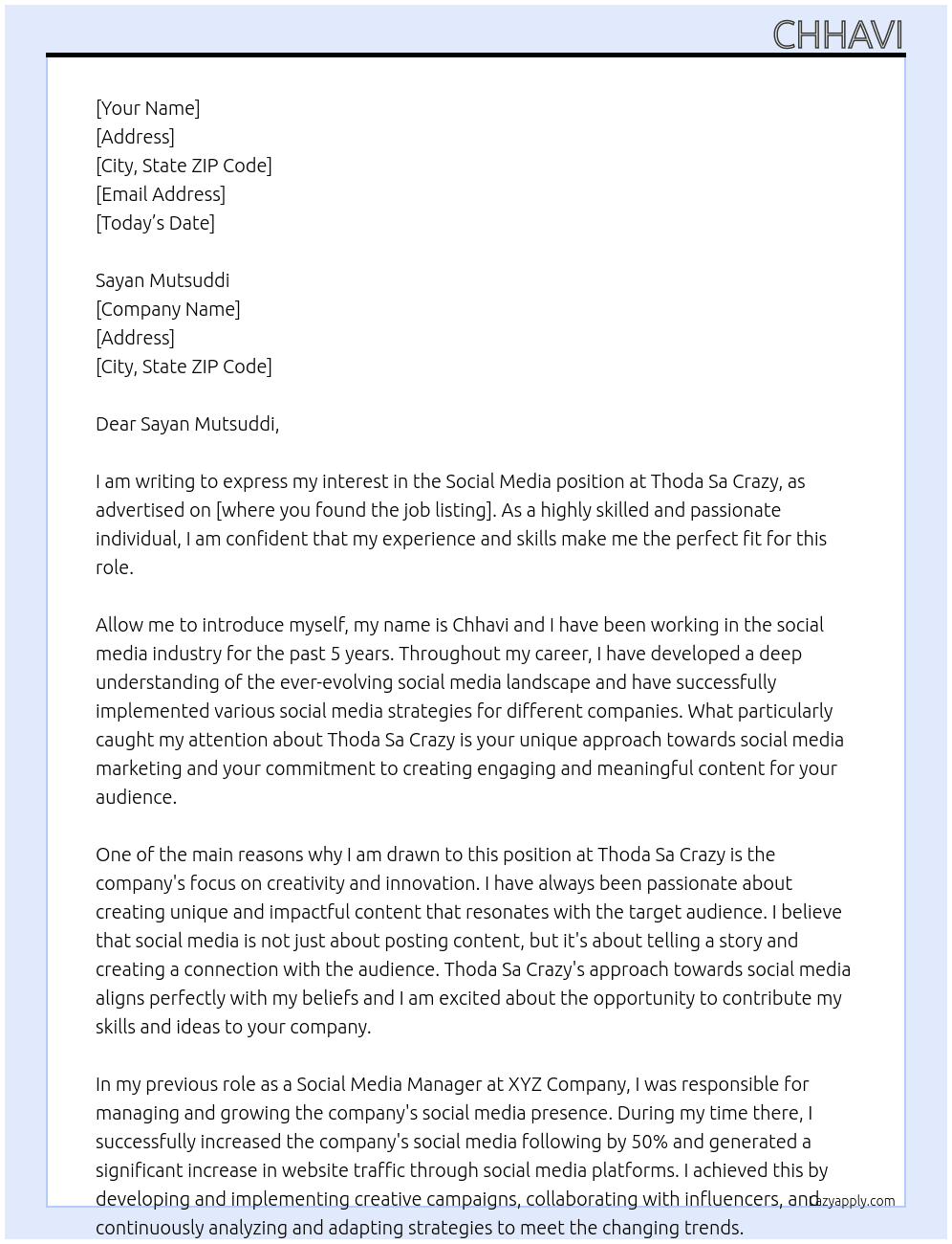 social media At thoda sa crazy Cover Letter