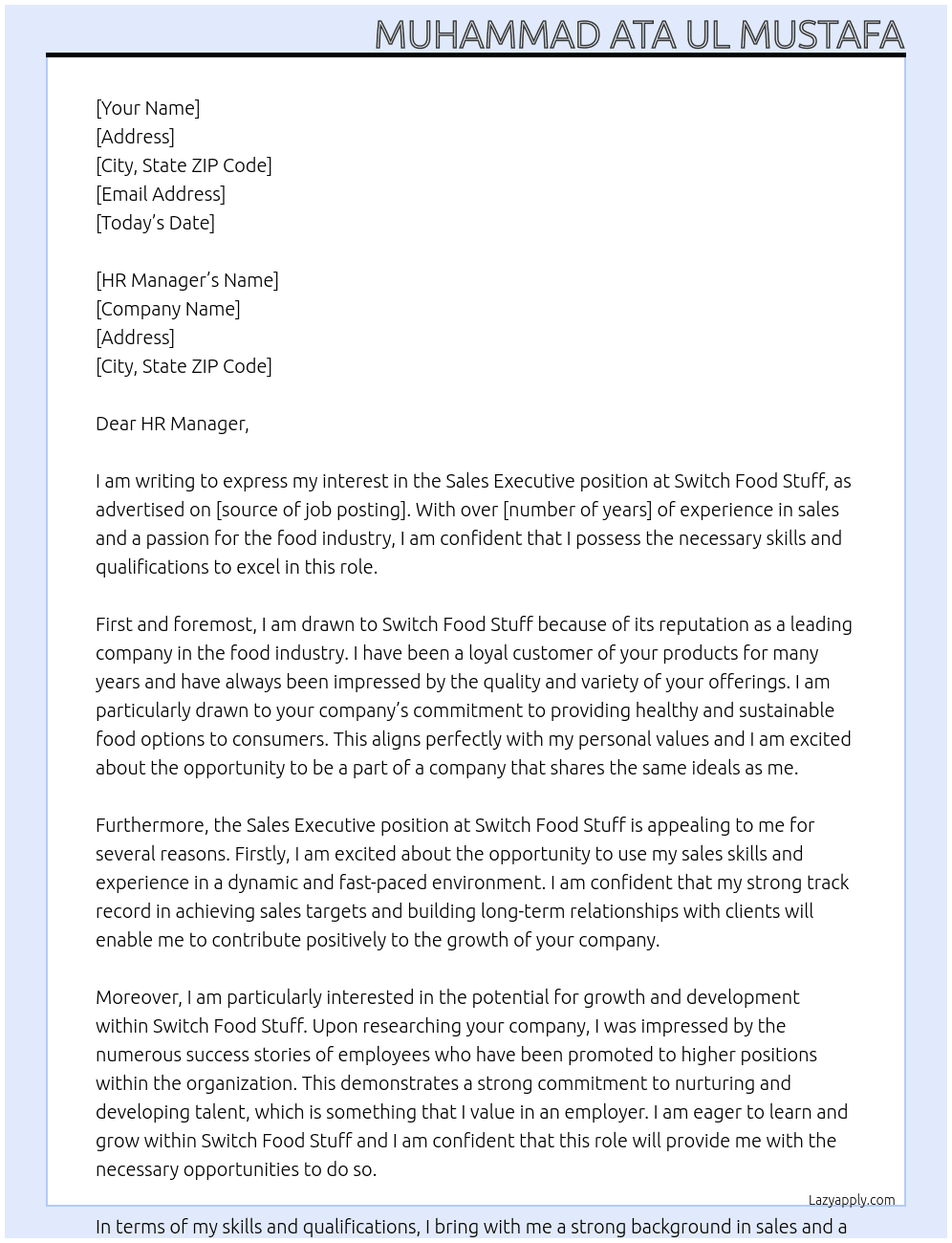 Sales Executive At Switch Food Stuff Cover Letter