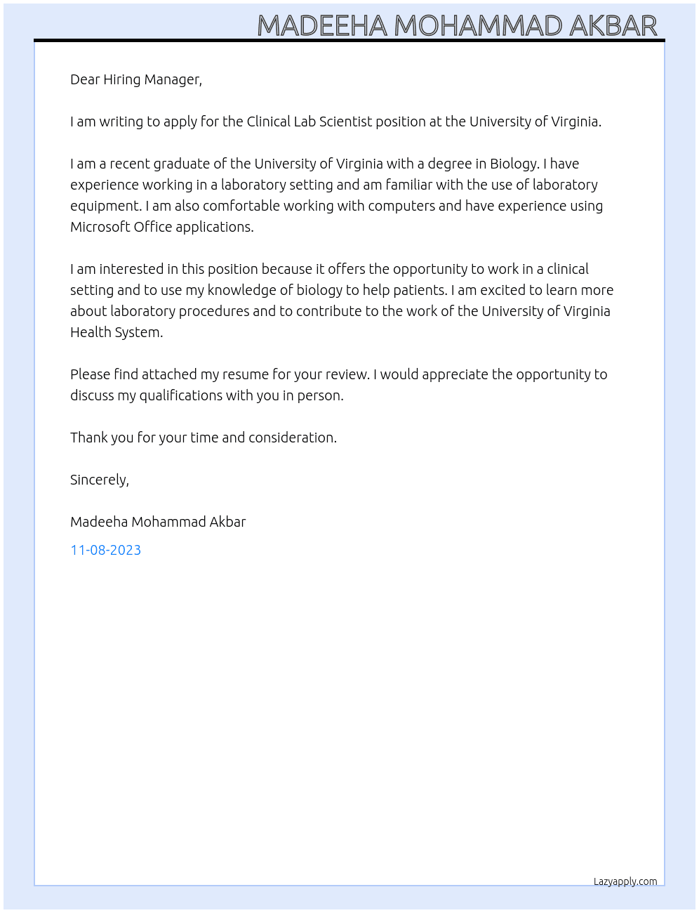 Clinical Lab Scientist  At University of Virginia  Cover Letter