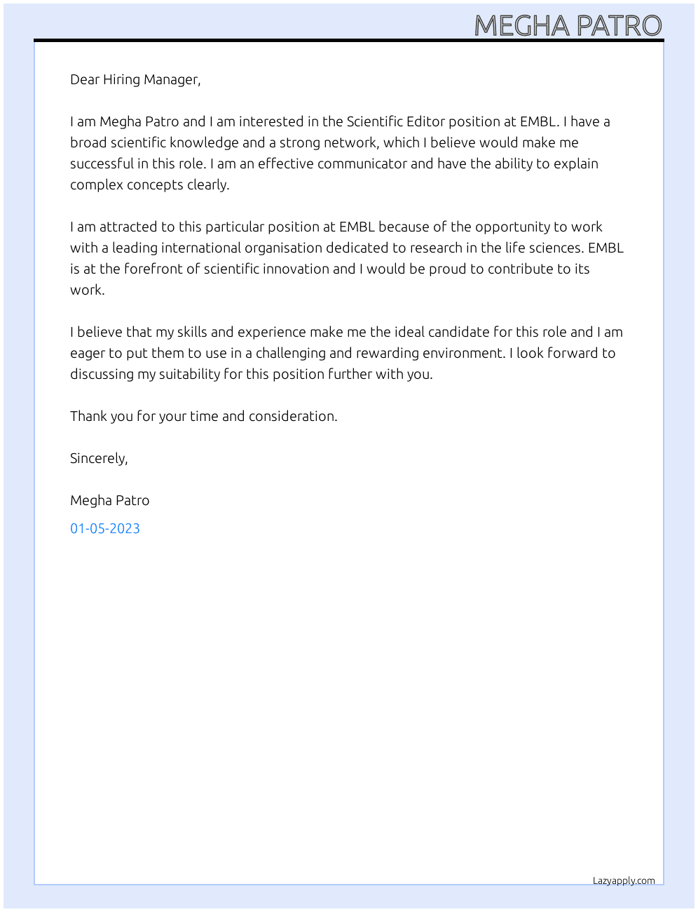 Scientific Editor At EMBL Cover Letter