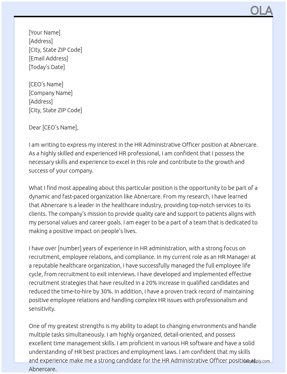 hr administrative officer At abnercare Cover Letter