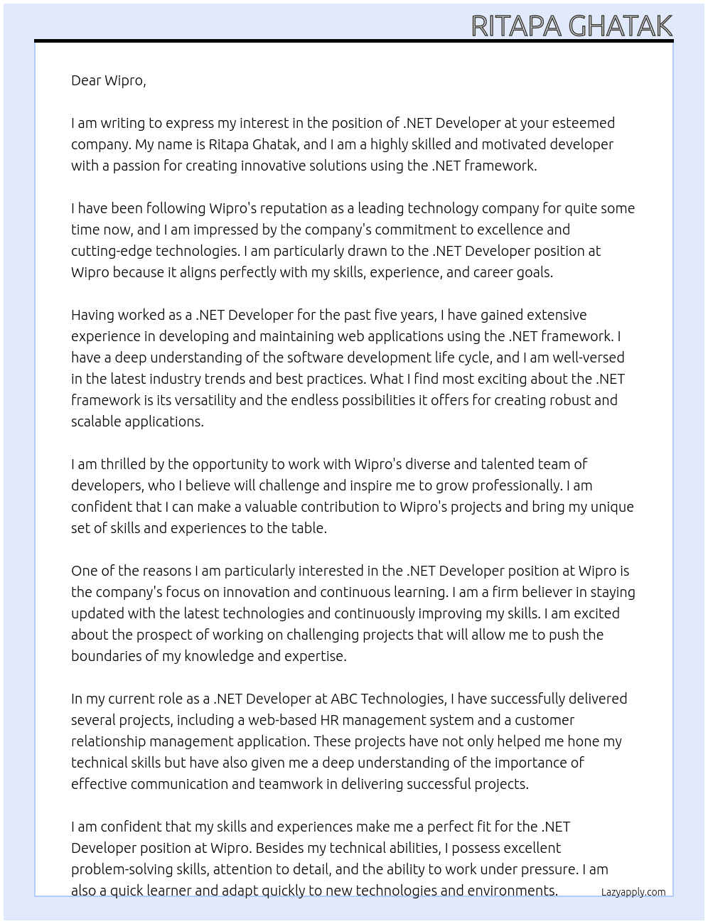 .NET Developer At Wipro Cover Letter
