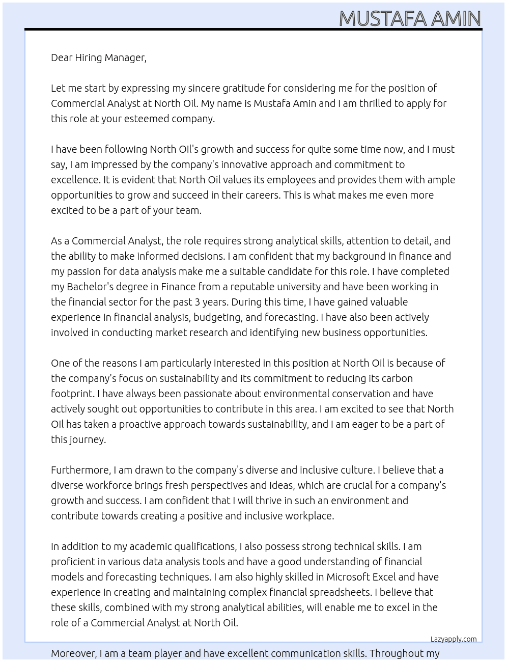 Commercial Analyst  At North oil  Cover Letter