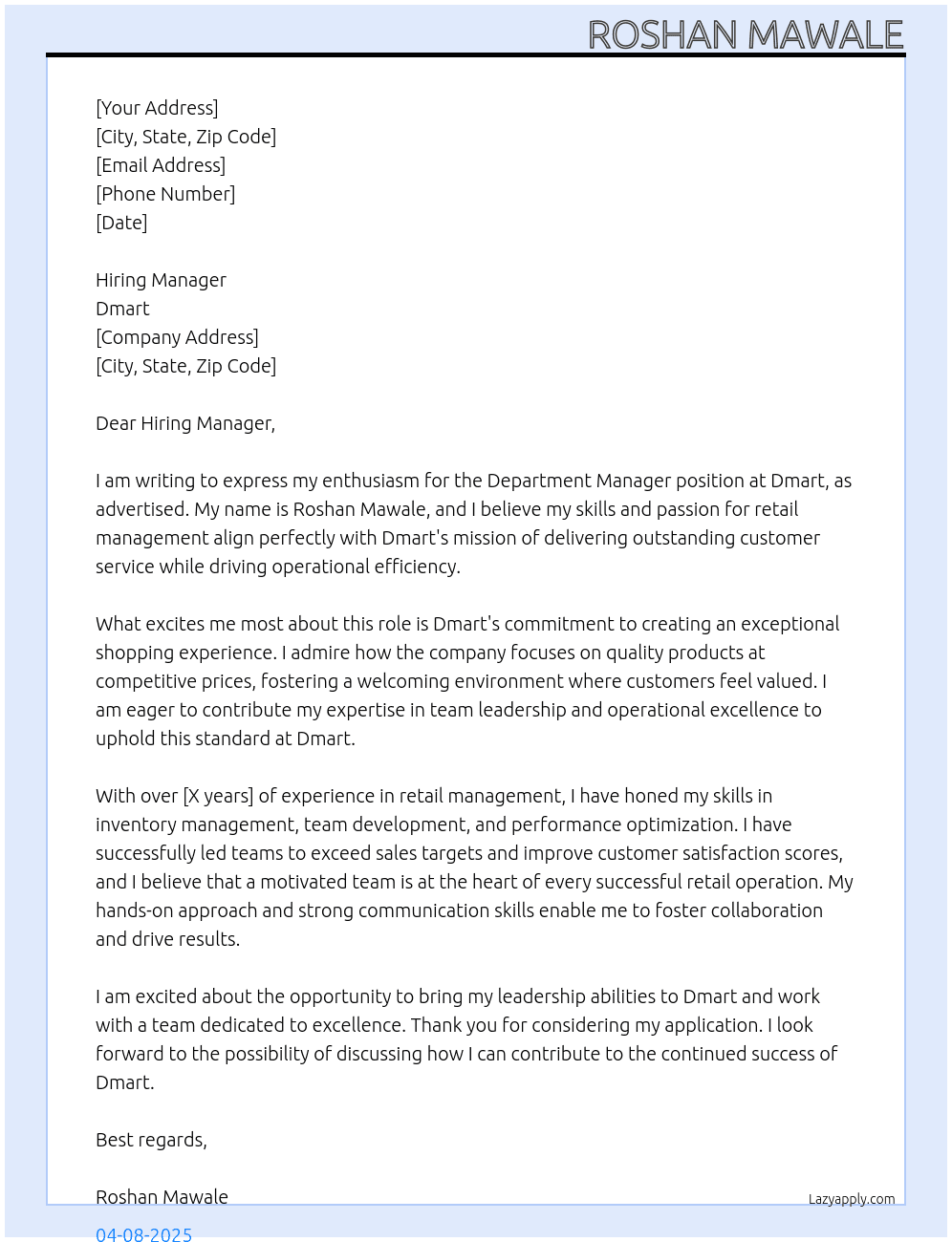 Department Manager At Dmart Cover Letter