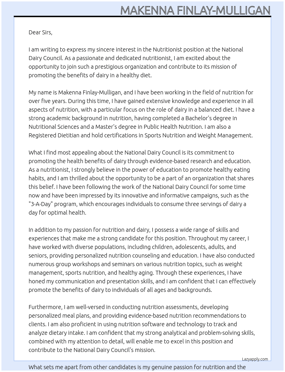 Nutritionist At National Dairy Council Cover Letter