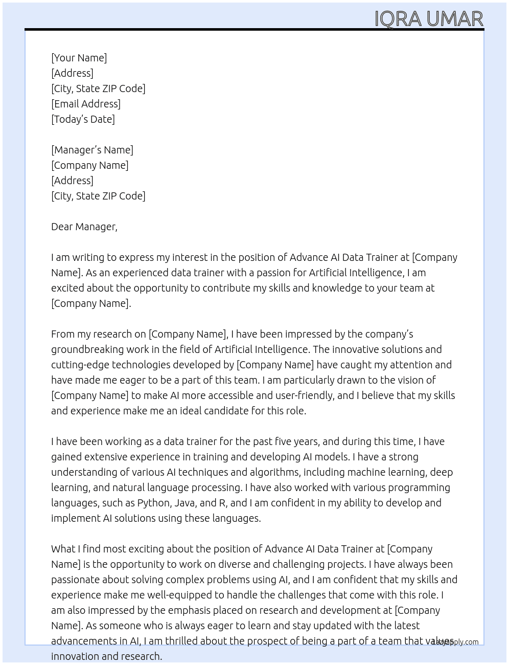 advance ai data trainer At invisible.com Cover Letter