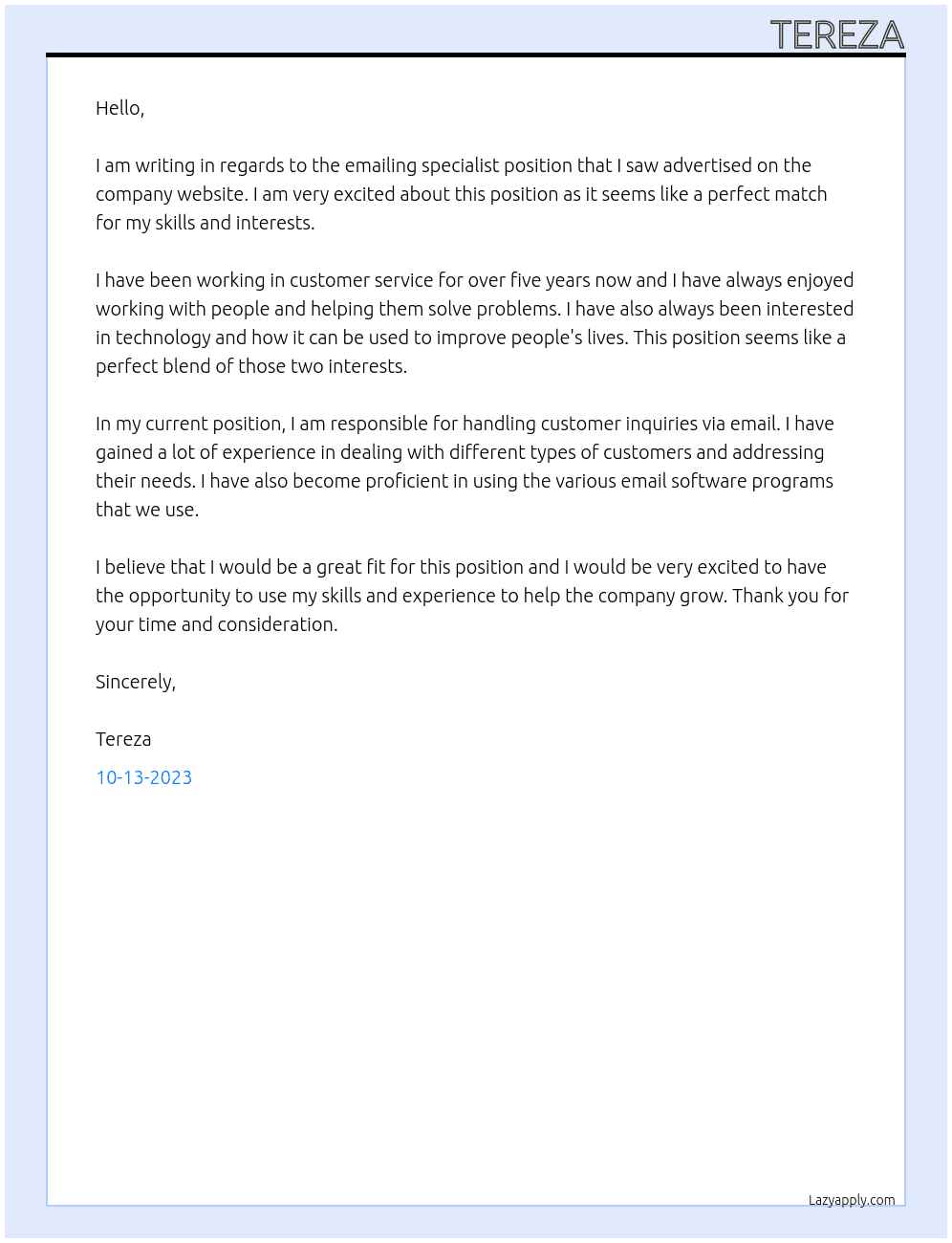 emailing specialist At dontknow Cover Letter
