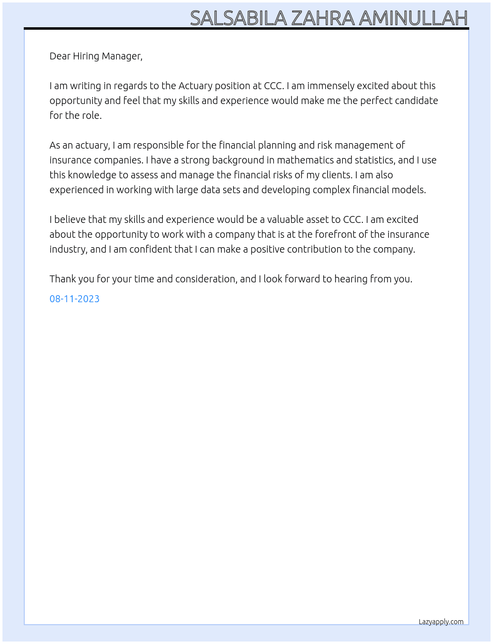 Actuary At CCC Cover Letter