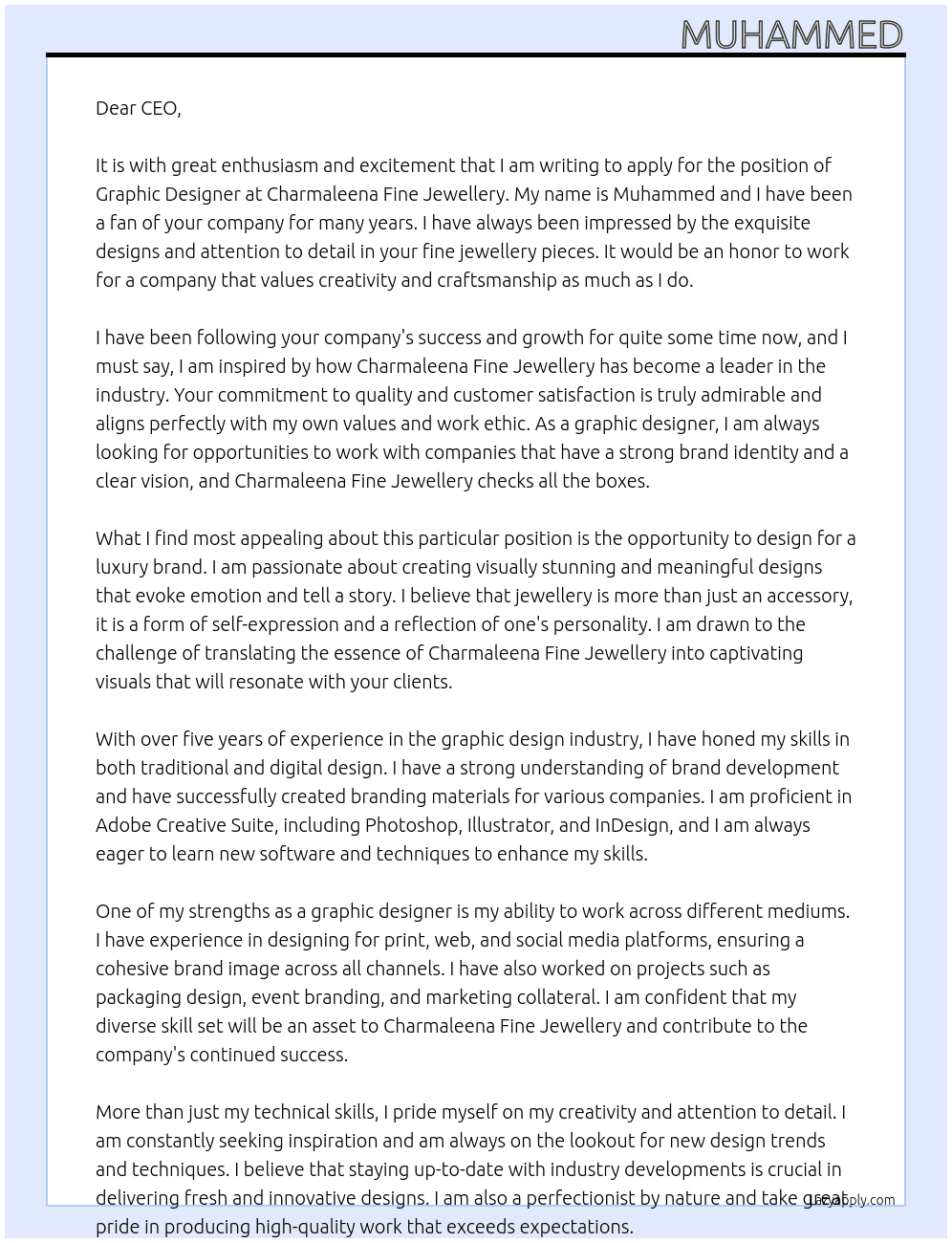 graphic designer At Charmaleena Fine Jewellery Cover Letter