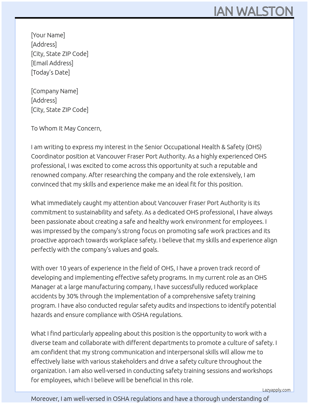 Senior Occupational Health & Safety (OHS) Coordinator  At Vancouver Fraser Port Authority Cover Letter