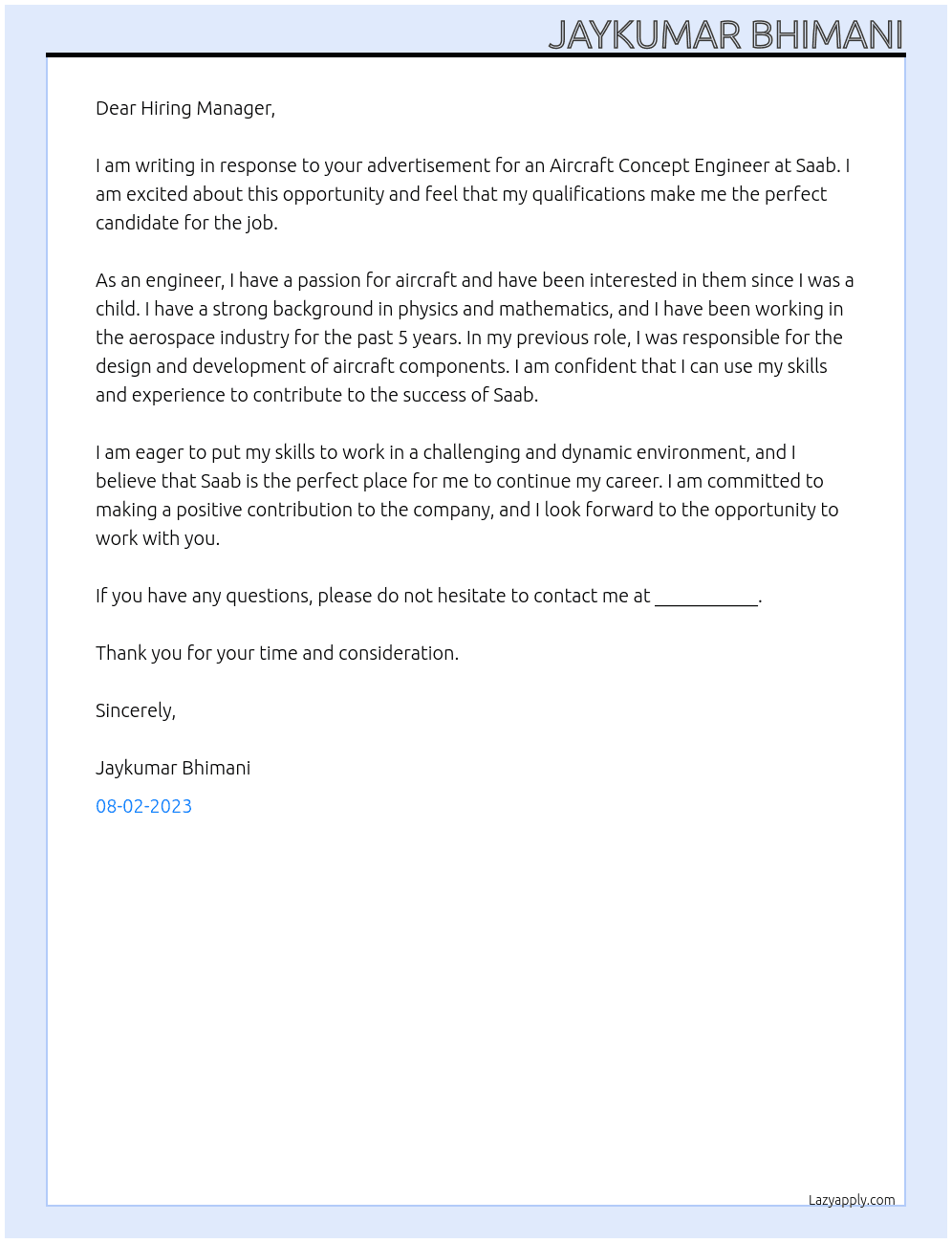 Aircraft Concept Engineer At Saab Cover Letter