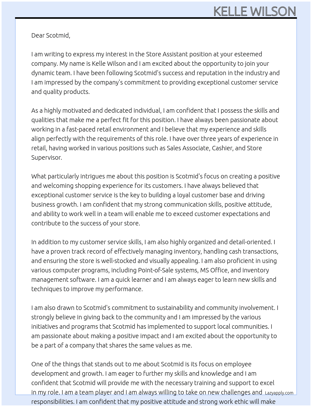 Store Assistant At Scotmid Cover Letter