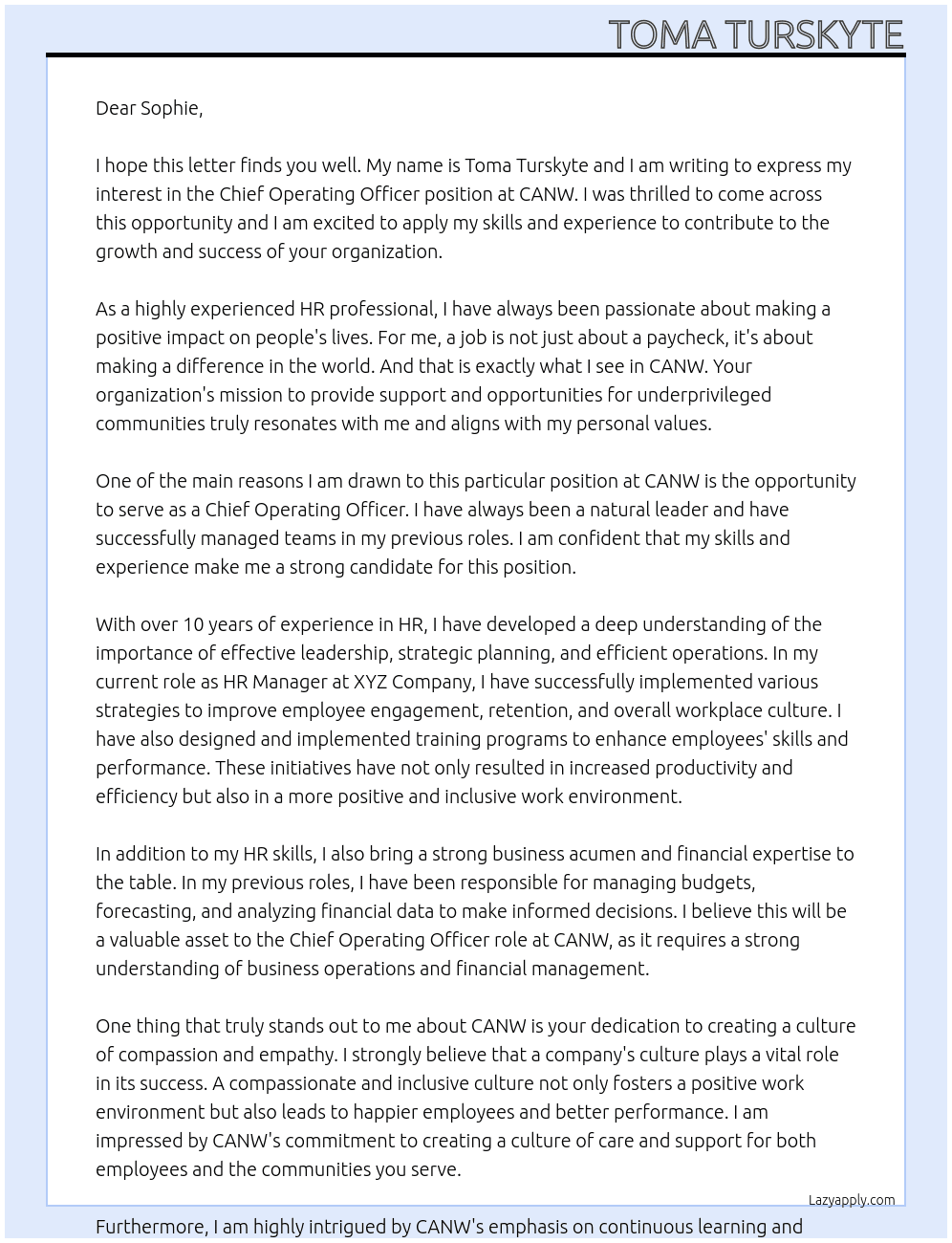 Chief Operating Officer At CANW Cover Letter