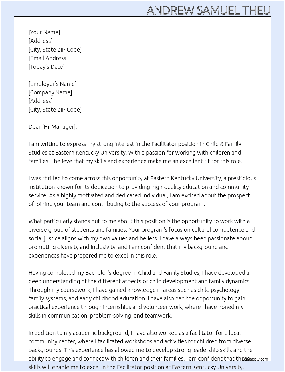 Facilitator in Child & Family Studies At Eastern Kentucky University Cover Letter