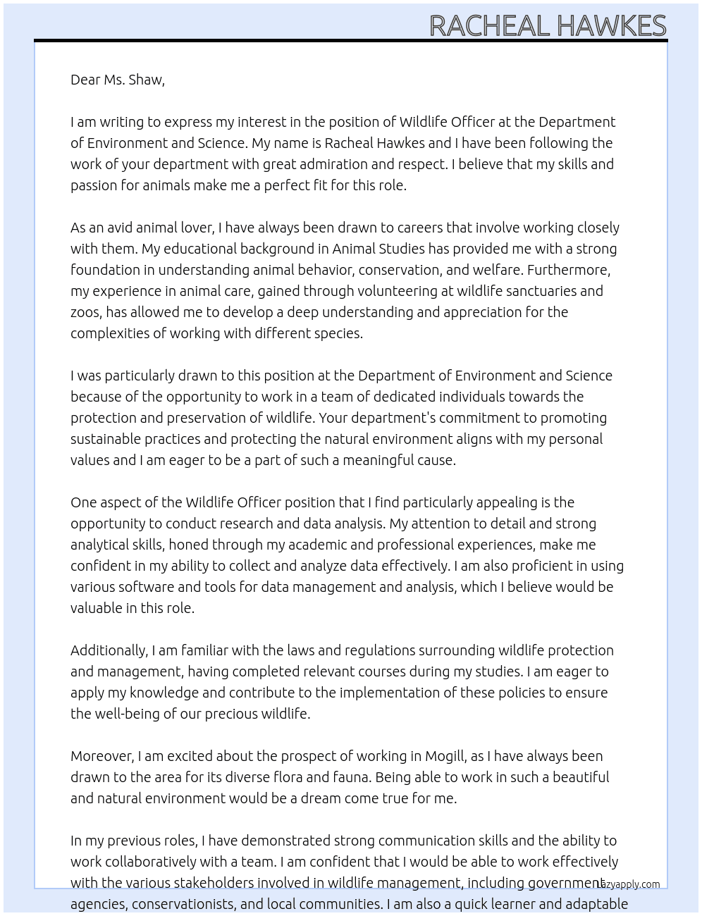 Wildlife Officier At Department of Environment and Science Cover Letter