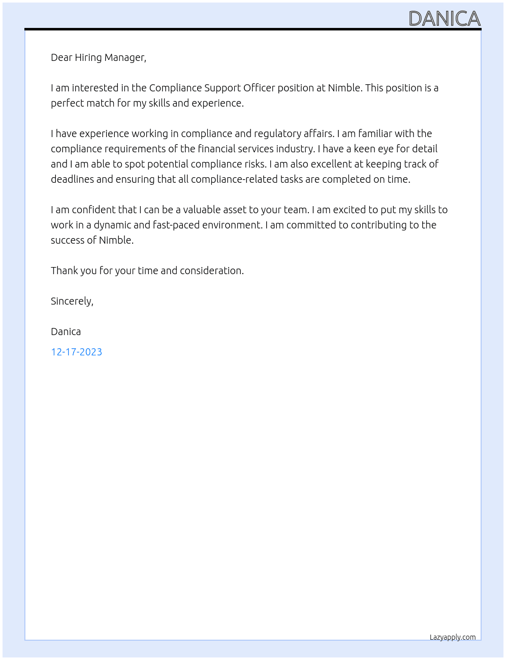  Applying for Compliance Support Officer At Nimble Cover Letter