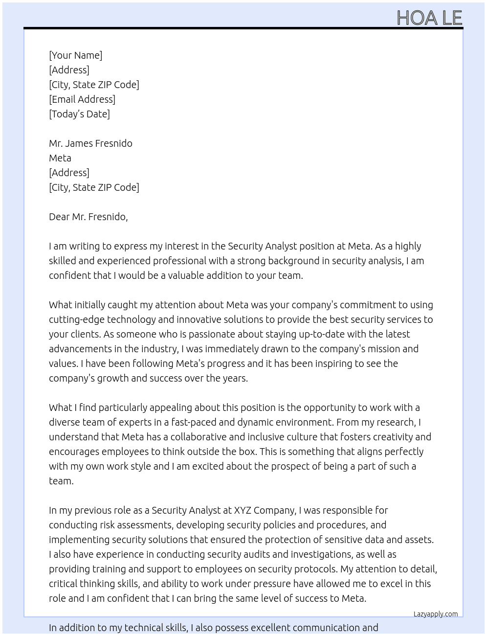 security analyst At Meta Cover Letter