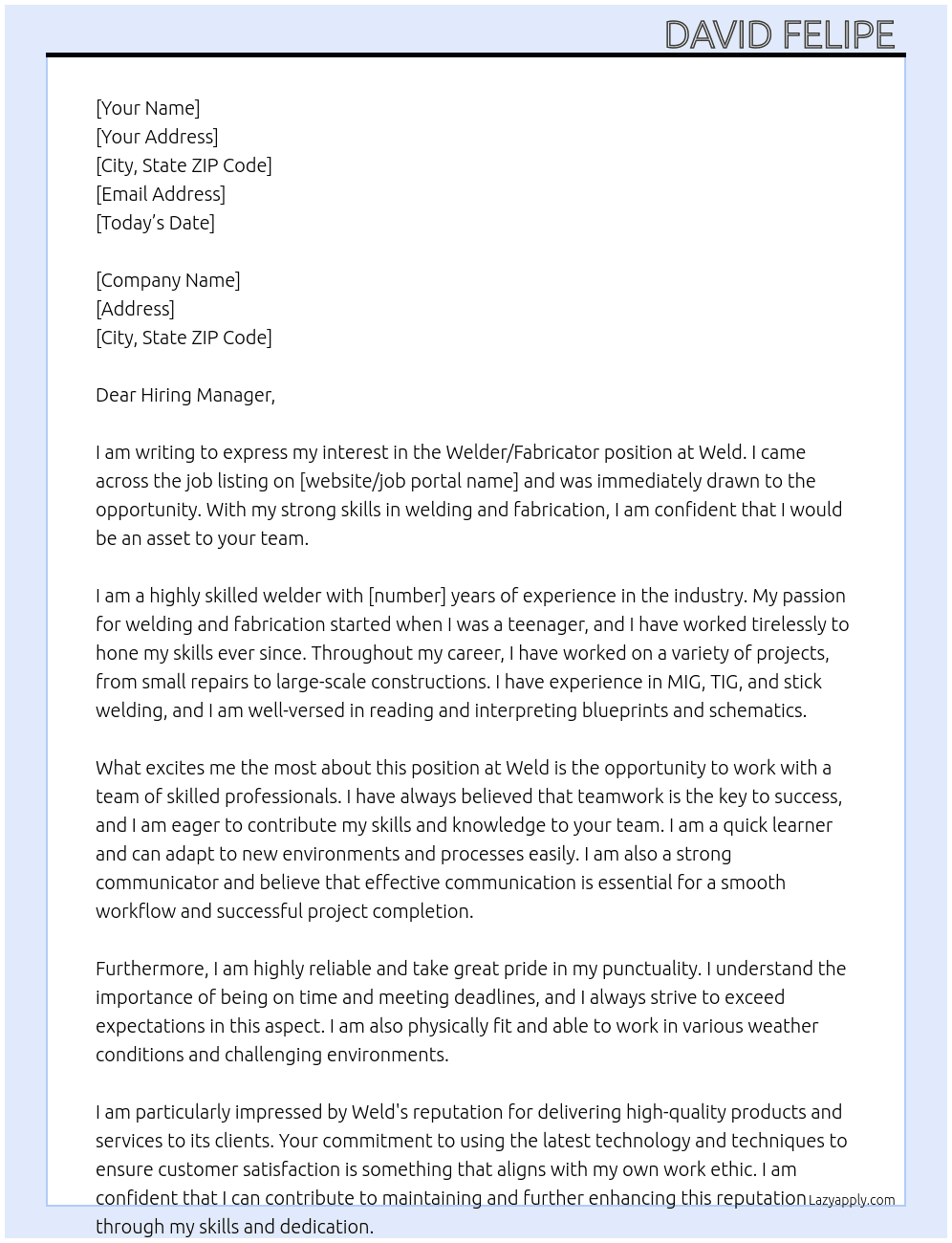 Welder/Favricator At Weld Cover Letter