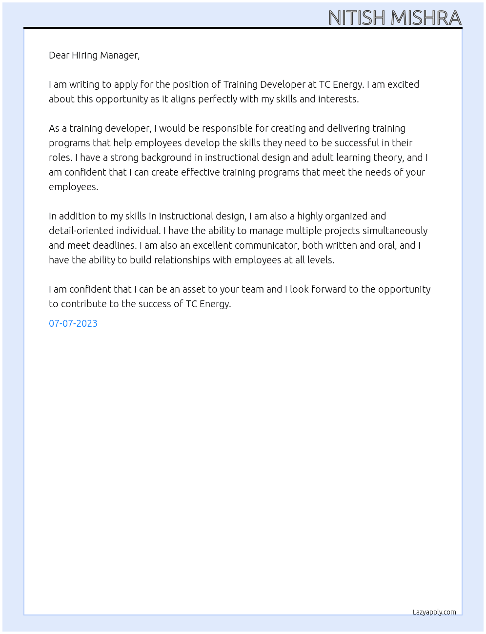 training Developer At TC energy Cover Letter