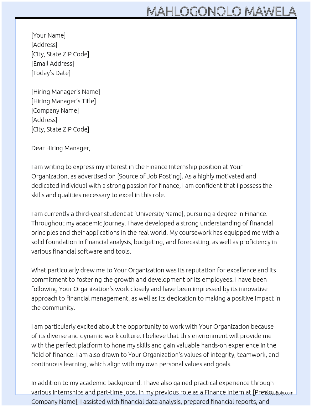 Finance Internship  At Your Organisation  Cover Letter