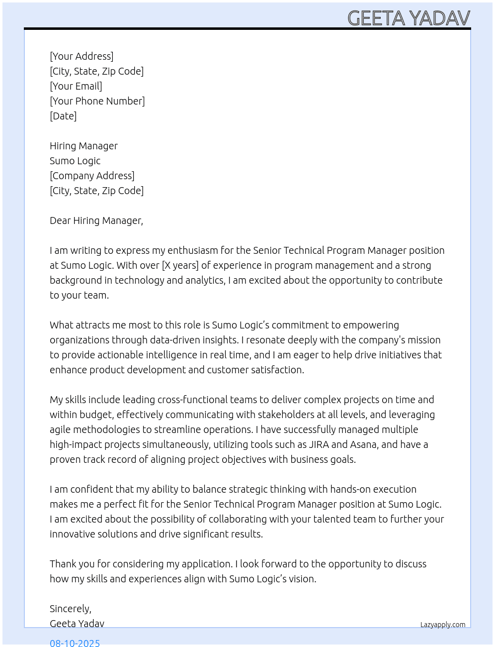 Senior Technical Program Manager At Sumo Logic Cover Letter
