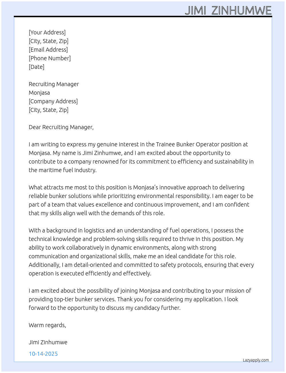 Cover letter for trainee bunker operator - LazyApply