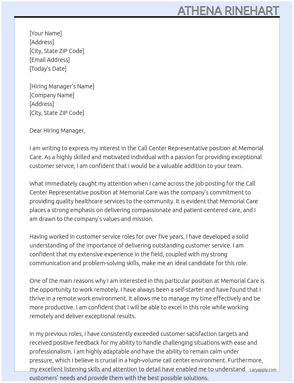Call center representative  At Memorial Care Cover Letter