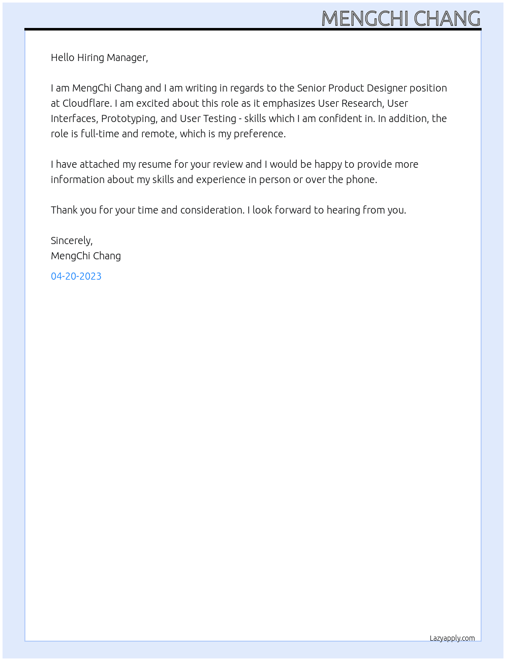 Senior Product Designer At Cloudflare Cover Letter