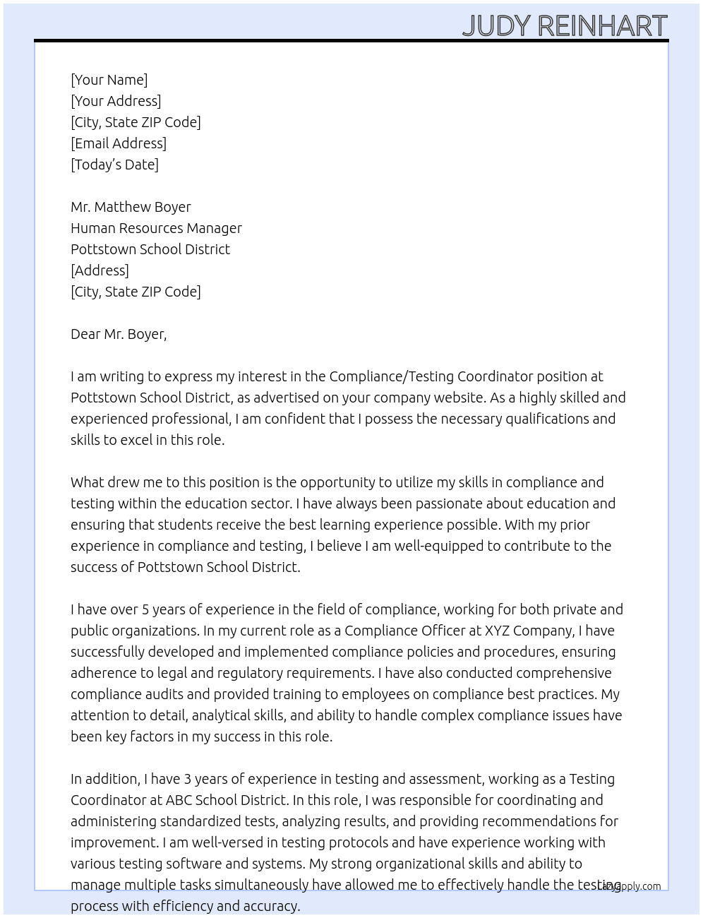 Compliance/Testing Coordinator At Pottstown School District Cover Letter