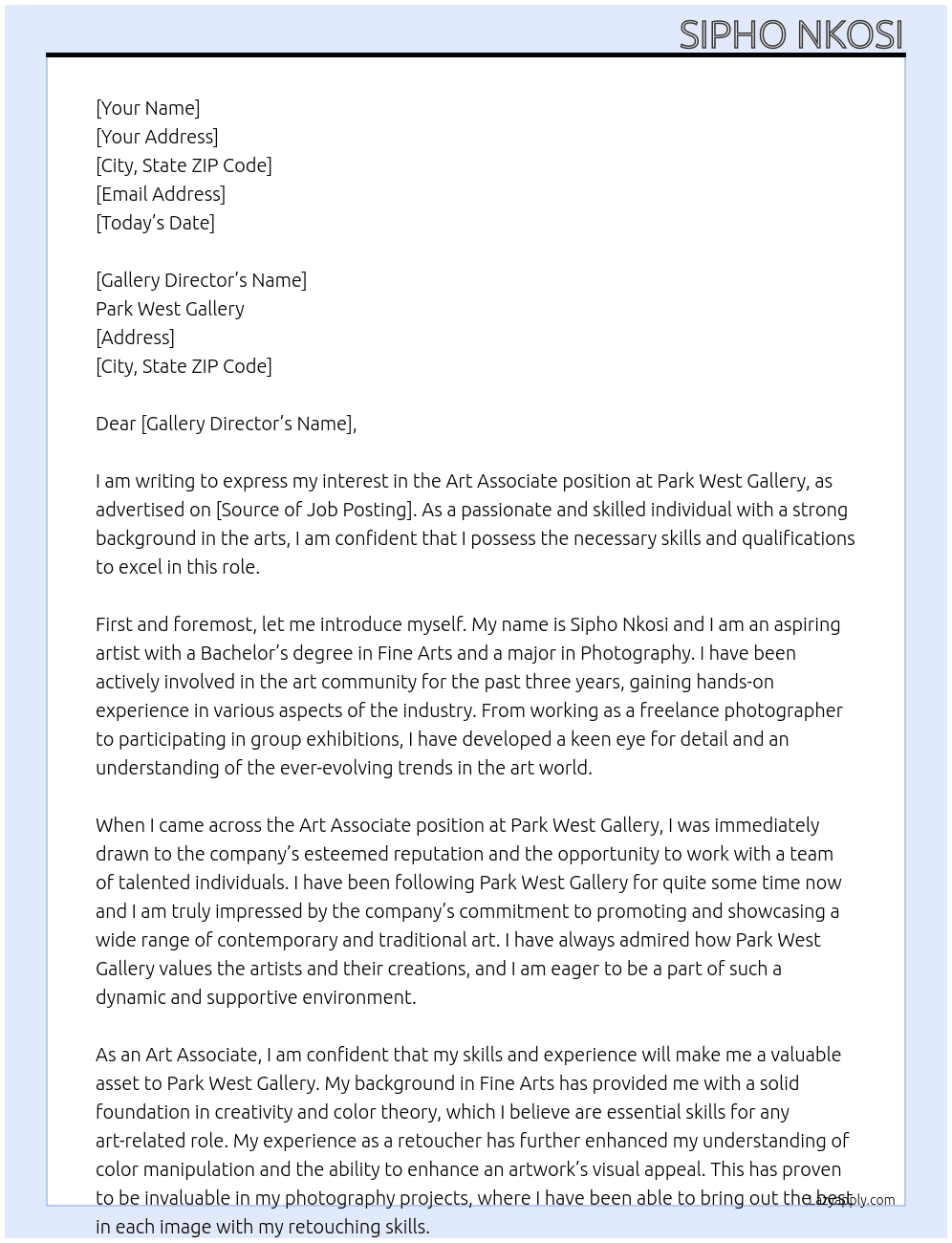 Art Associate At Park West Gallery  Cover Letter