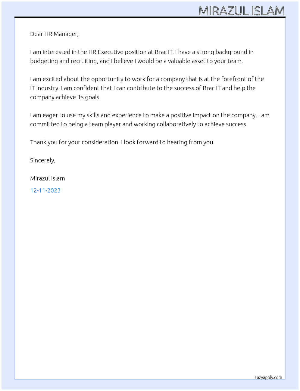 HR Executive At Brac IT Cover Letter