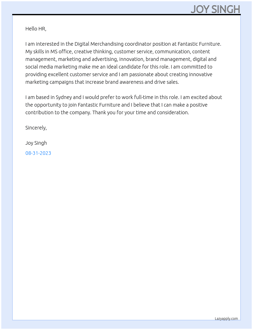 Digital Merchandising coordinator At Fantastic Furniture Cover Letter