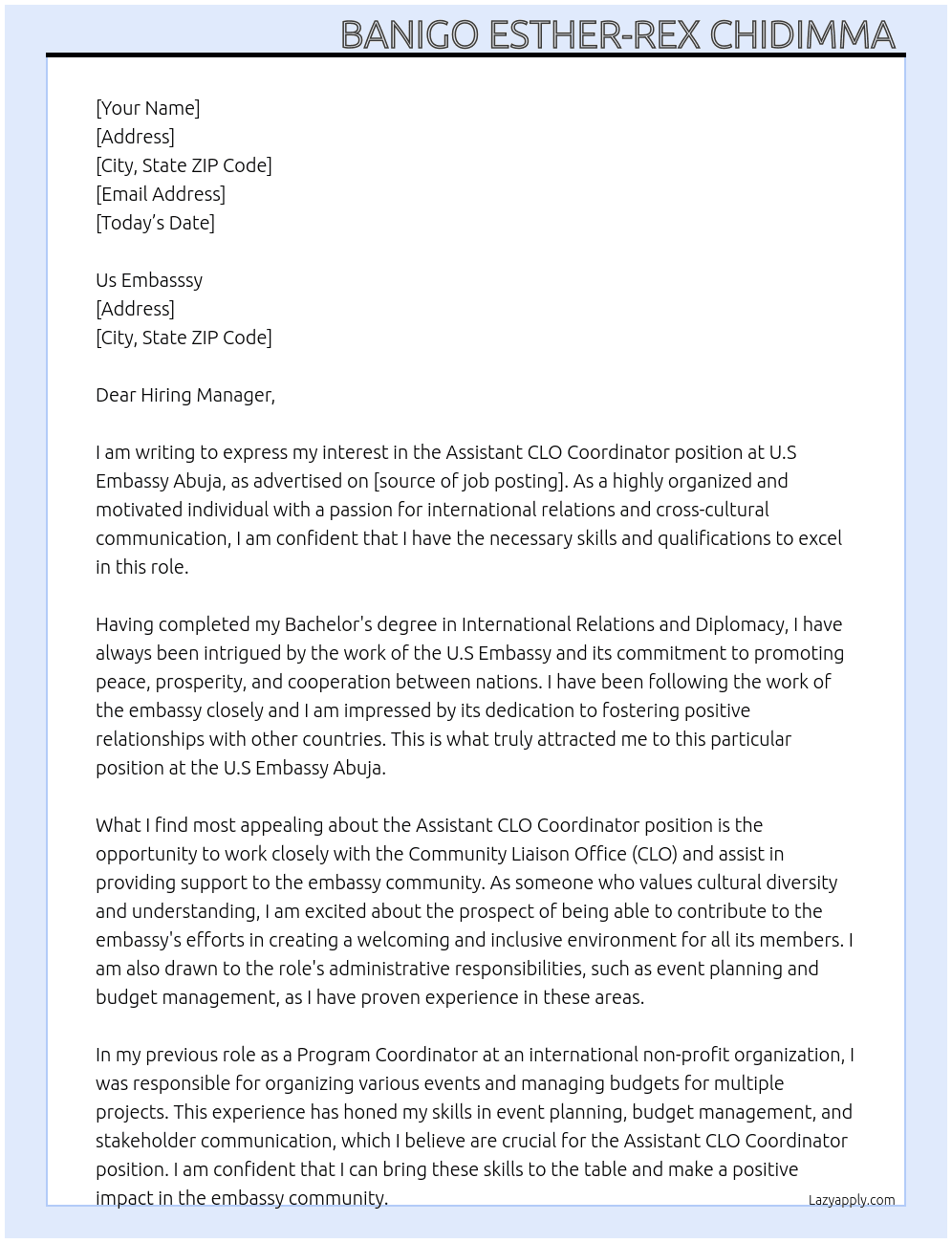 Assistant CLO coordinator at U.S Embassy At U.S Embassay Abuja Cover Letter