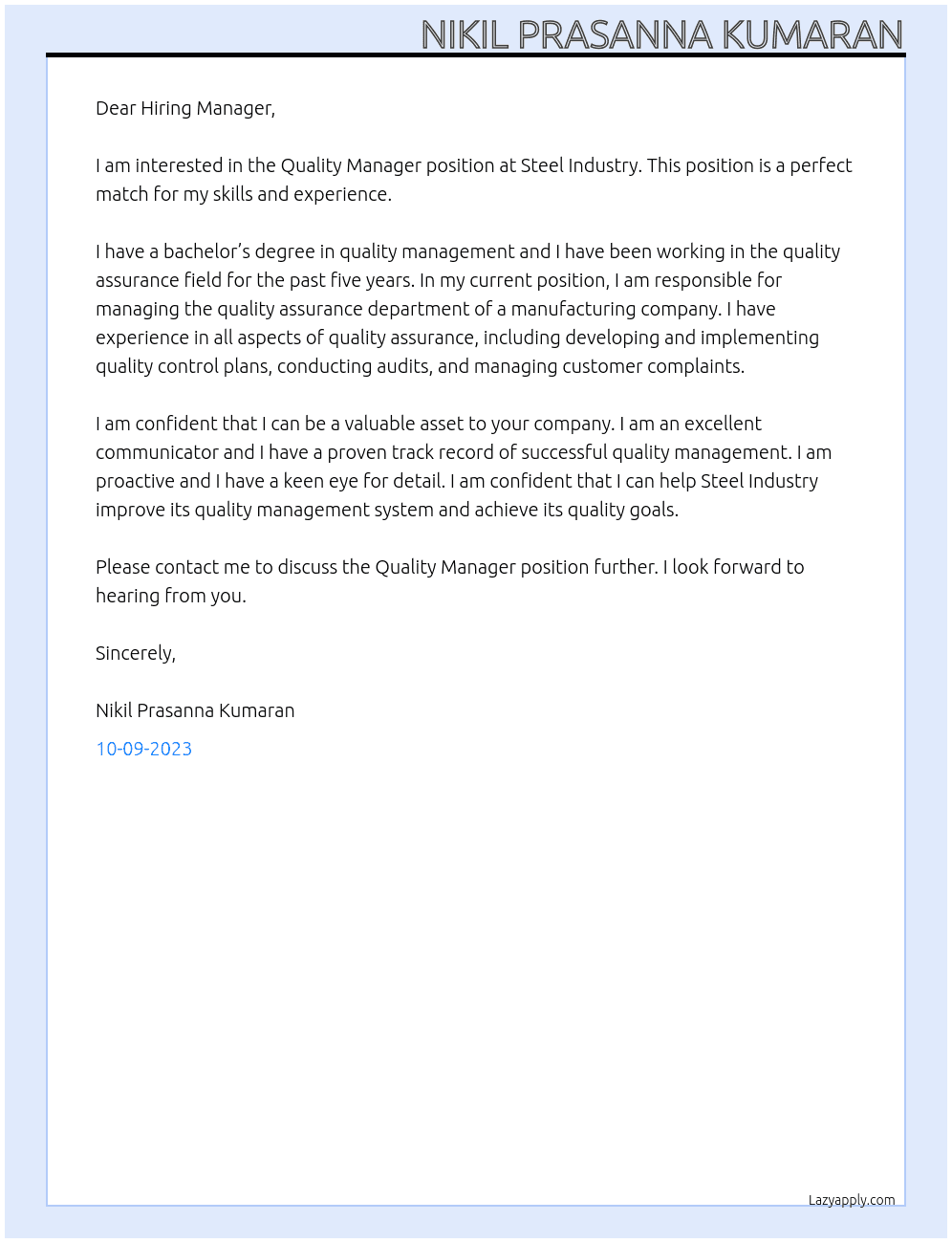 Quality Manager At Steel Industry Cover Letter