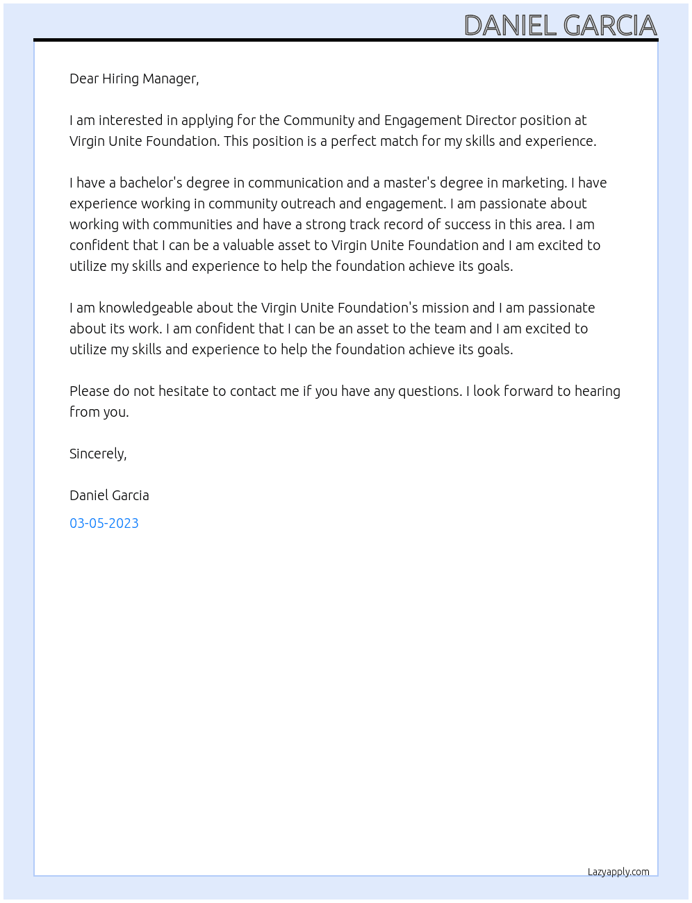 Community and Engagement Director At Virgin Unite Foundation Cover Letter