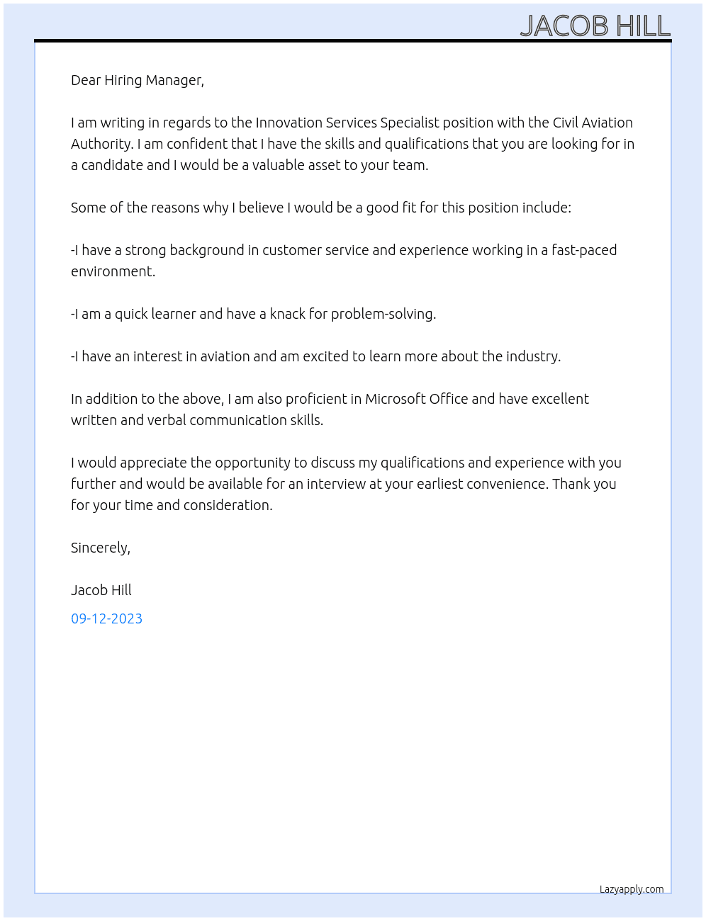 Innovation Services Specialist At Civil Aviation Authority Cover Letter