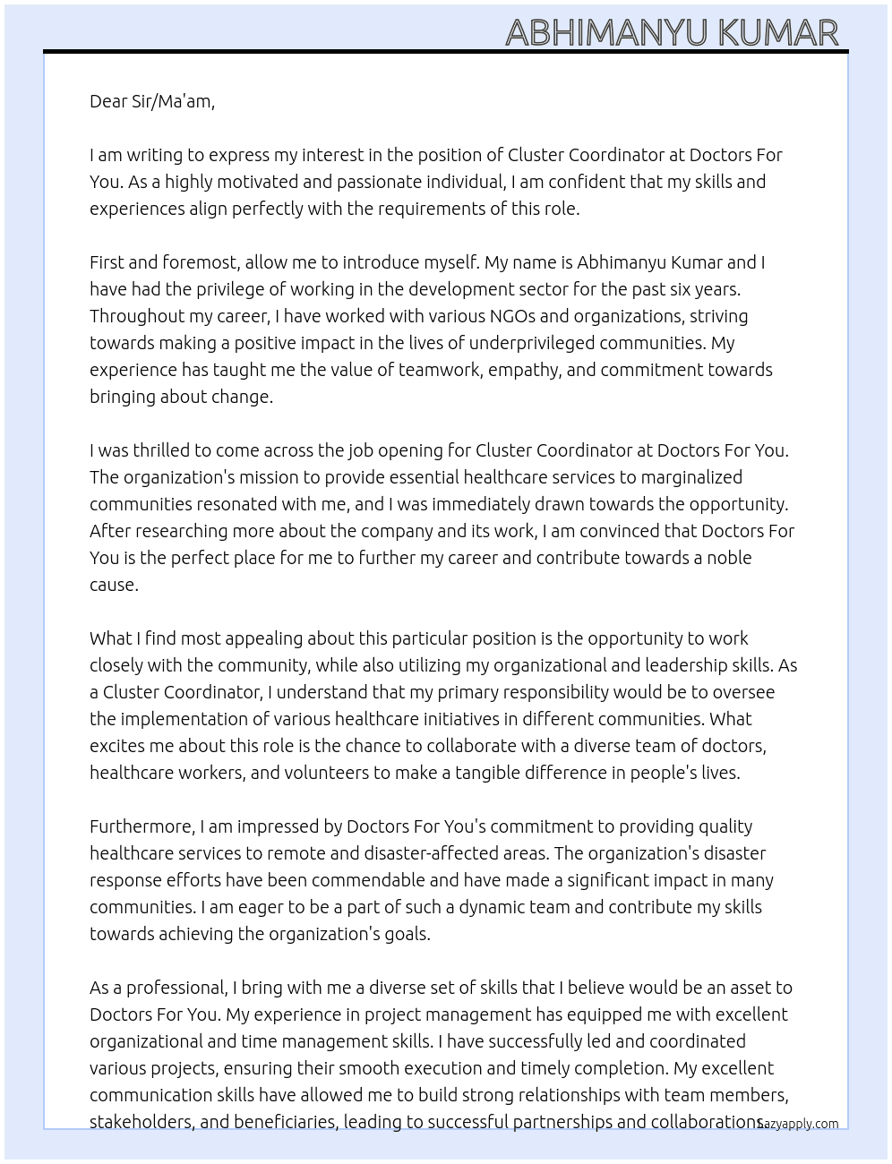 Cluster Coordinator At Doctors For You Cover Letter