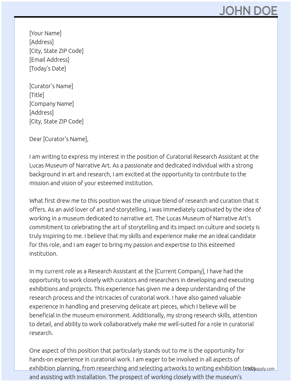 Curatorial Research Assistant At Lucas Museum of Narrative Art Cover Letter