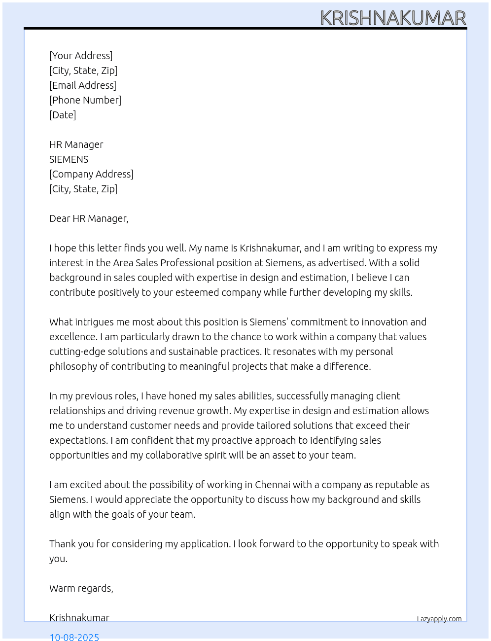 Area Sales Professional At SIEMENS Cover Letter