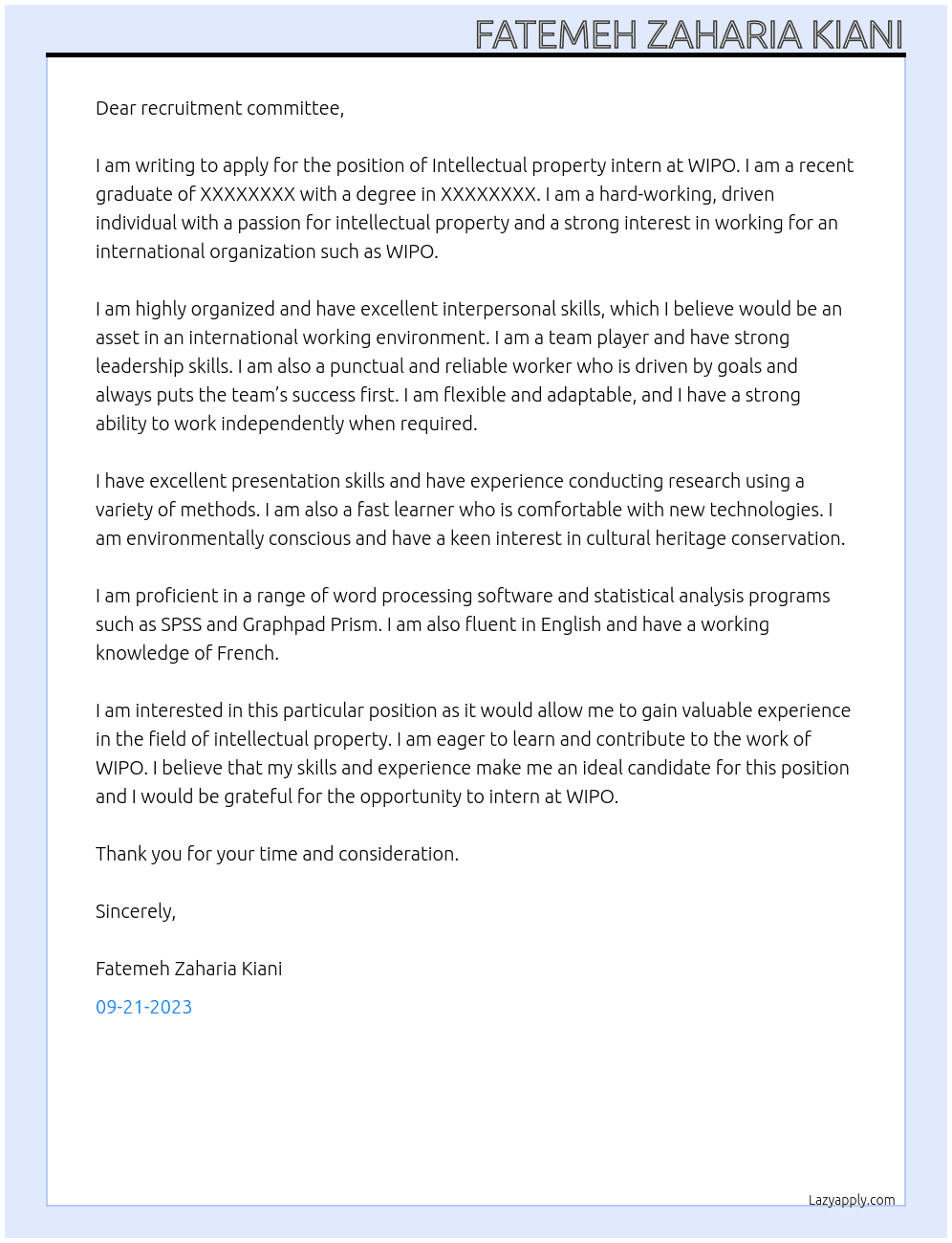 Intellectual property intern At WIPO Cover Letter