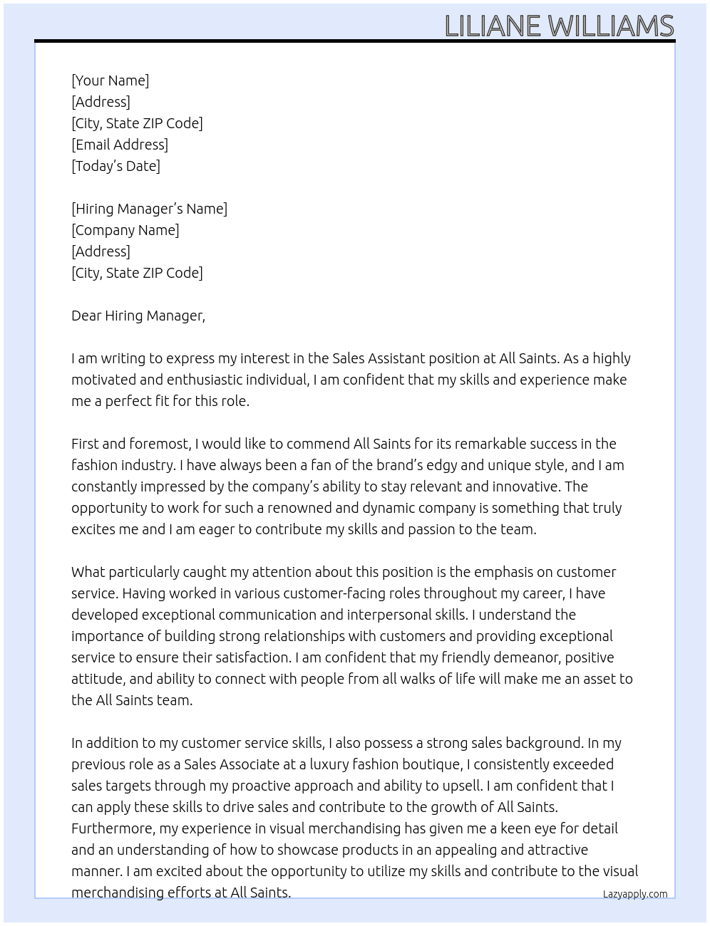 Sales Assistant At All Saints Cover Letter