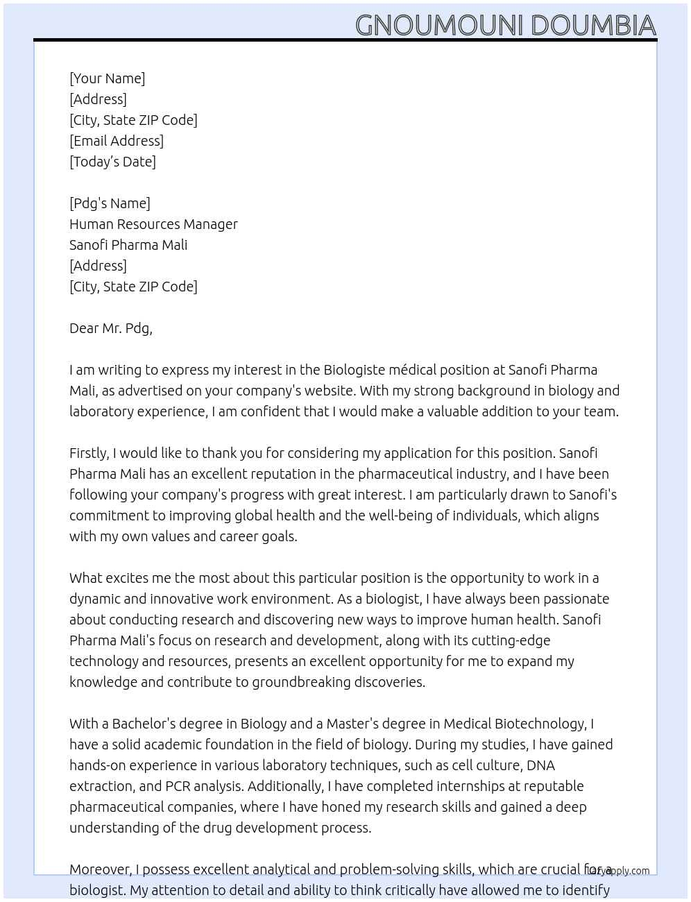 Biologiste médical  At Sanofi pharma mali Cover Letter