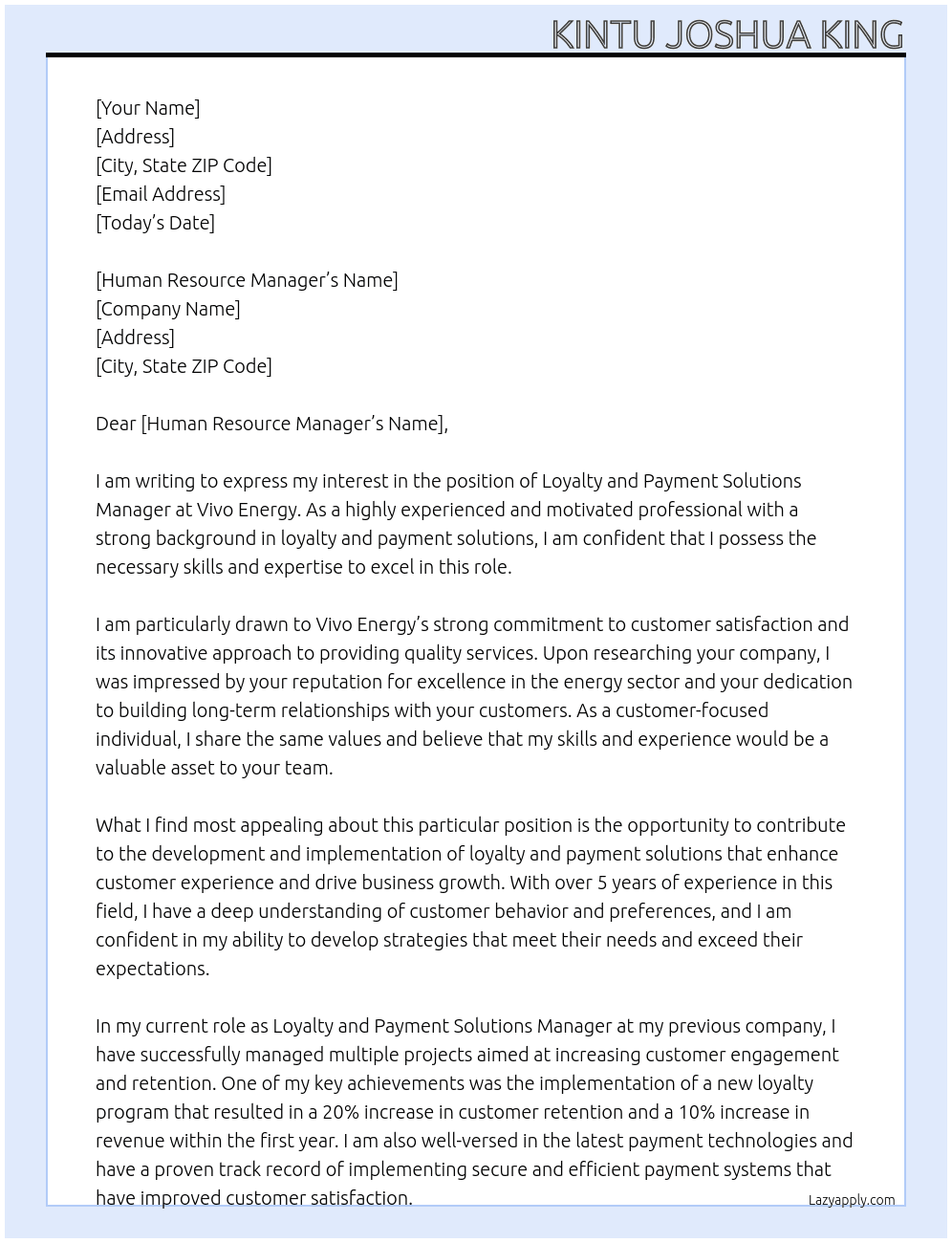 Loyalty and payment solutions Manager At Vivo Energy Cover Letter