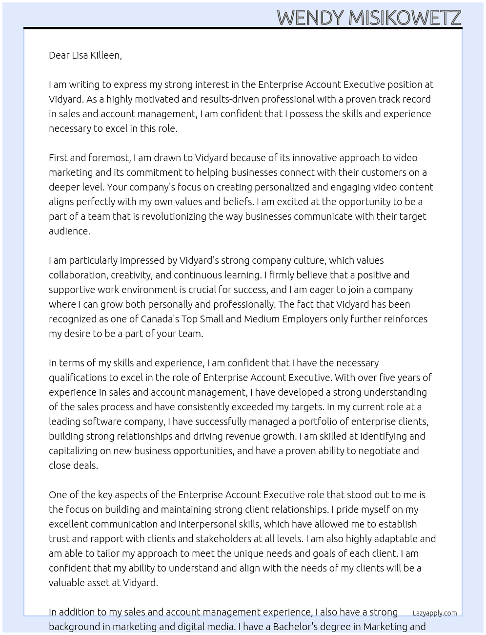 Enterprise Account Executive At Vidyard Cover Letter