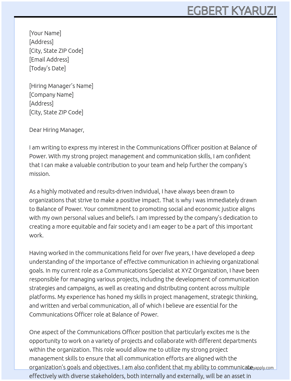 Communications Officer At Balance of Power Cover Letter