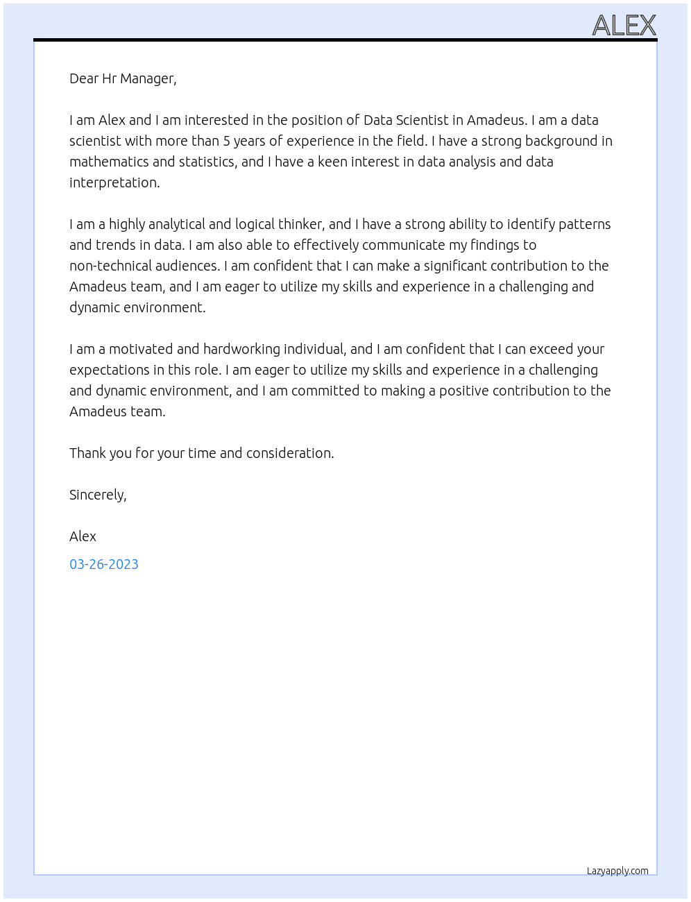 Data scientist At Amadeus Cover Letter
