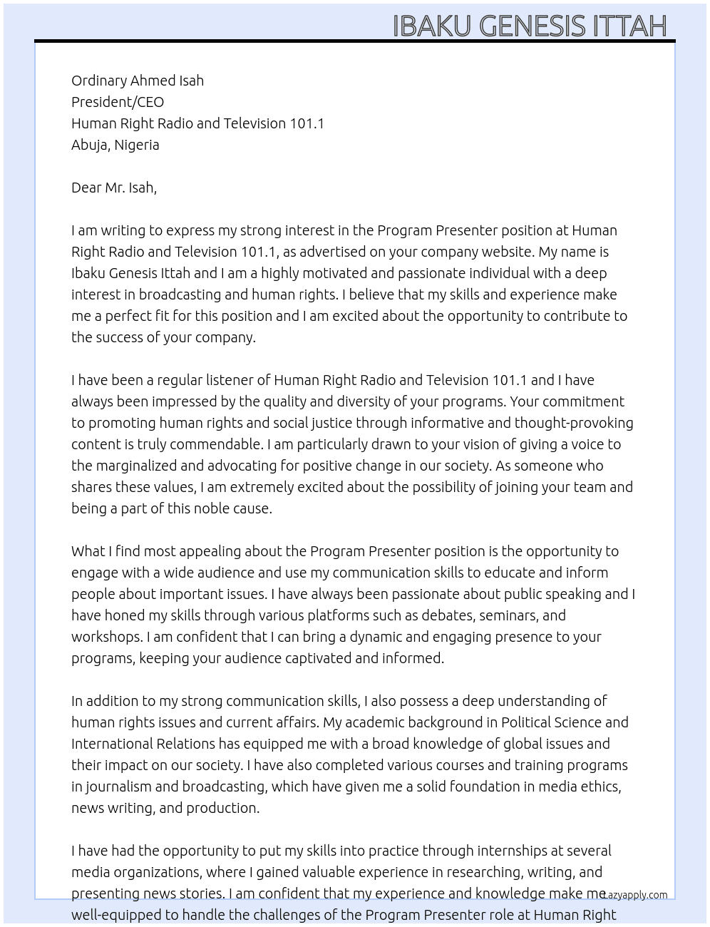 Program Presenter At Human Right Radio and Television 101.1 Cover Letter