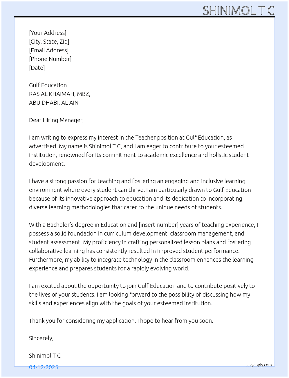 Teacher  At RAS AL KHAIMAH,MBZ, ABU DHABI, AL AIN Cover Letter