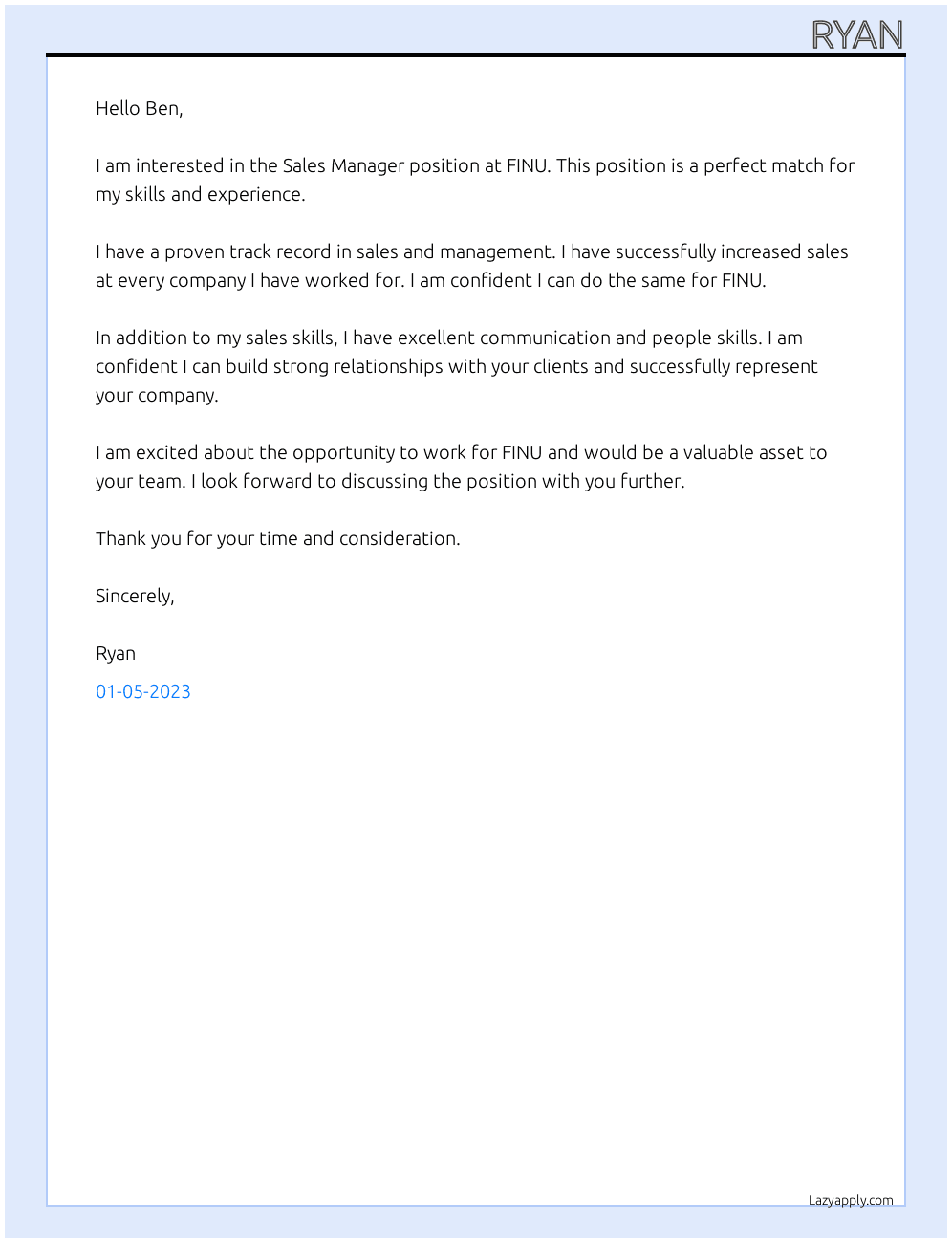 Sales Manager At FINU Cover Letter